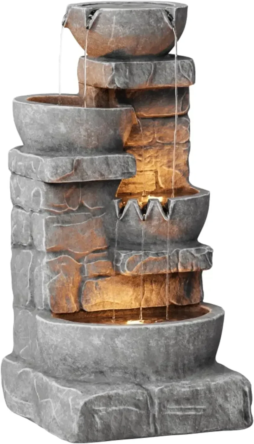 33.25 in. Cascading Bowls & Stacked Stones LED Outdoor Water Fountain for Gardens, Landscaping, Patios, Balconies