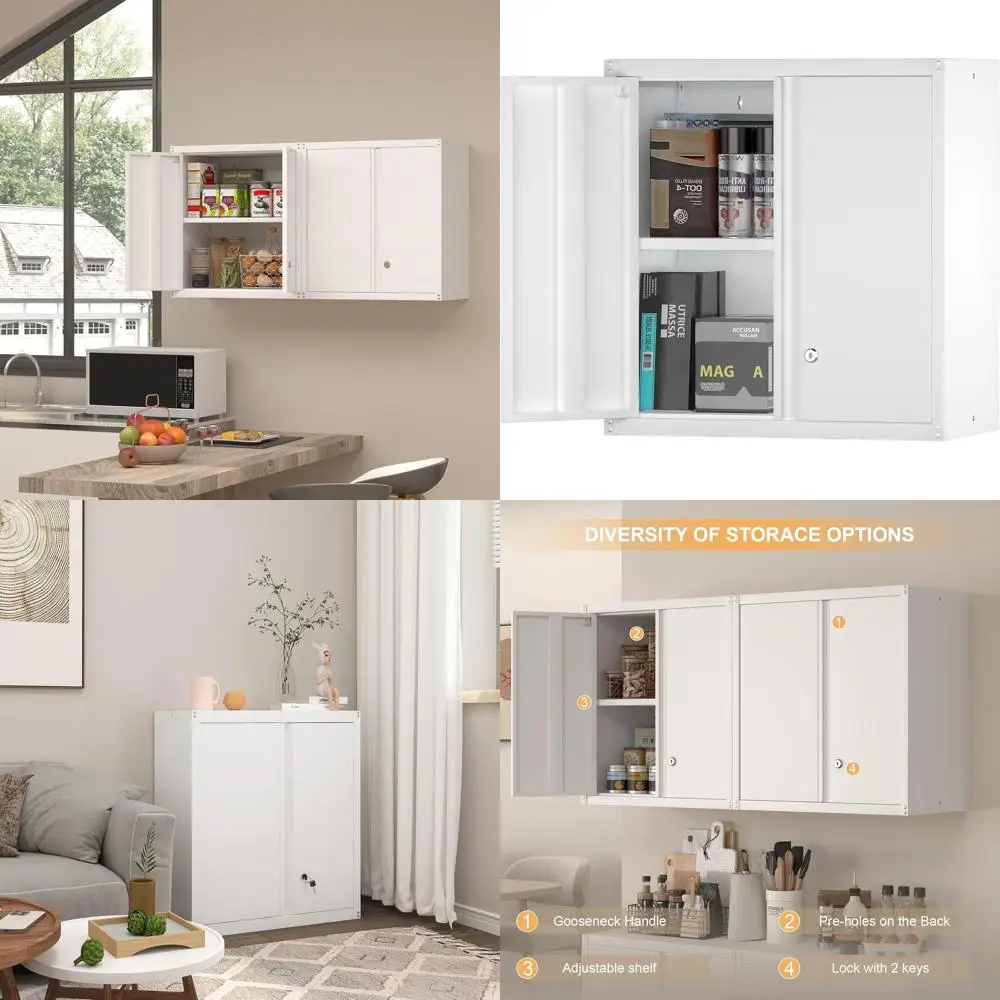 

Durable Metal Garage Wall Cabinet with 2 Doors and Adjustable Shelf for Secure Storage in Laundry, Kitchen, or Basement