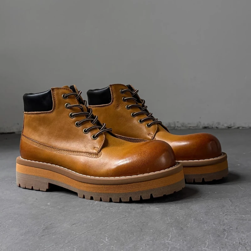 British Style Men Ankle Boots Brown Retro Genuine Leather Casual Trendy Thick-sole Work Shoes Outdoor Hiking Desert Boots