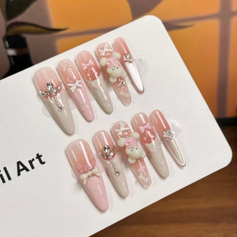 

10 Pieces Sweet and Cute Handmade Press On Nails Pink Polka Dots French Bow Small Panda Eyes Fake Nails Removable Reusable