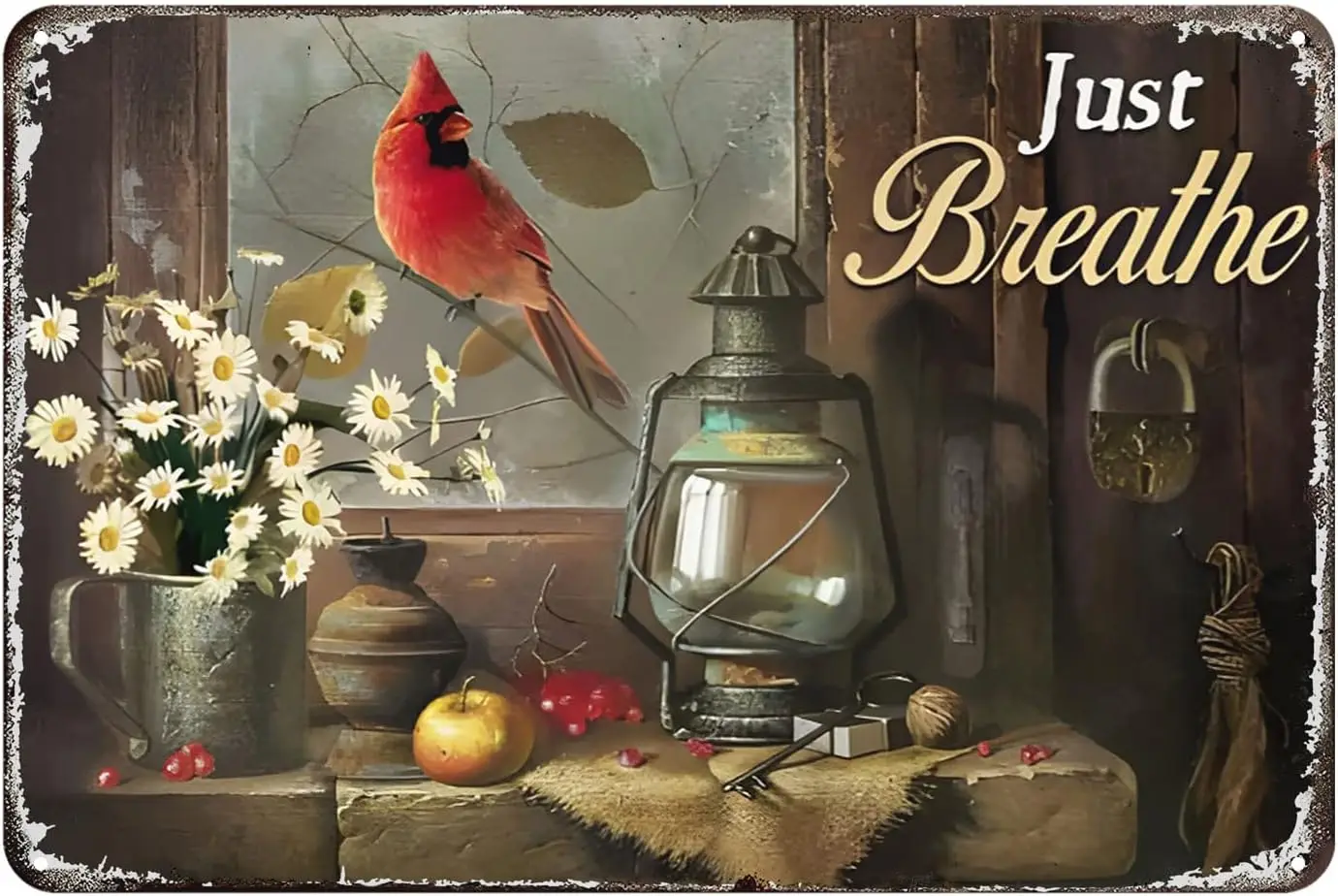 Aenaon Metal Tin Sign, 8x12 inch, Vintage Sign, Cardinal Bird Just Breathe, Indoor/Outdoor, Wall Mount