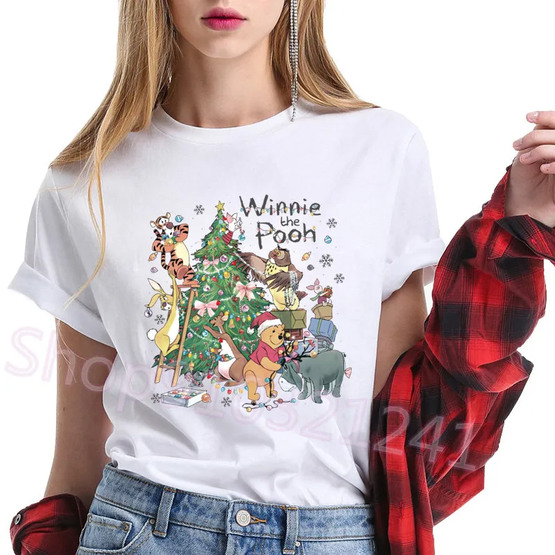

Funny Pooh Bear Christmas Women's Casual Short Sleeve Winnie the Pooh Printed Summer T-Shirt Winter Holiday Oversized T Shirt
