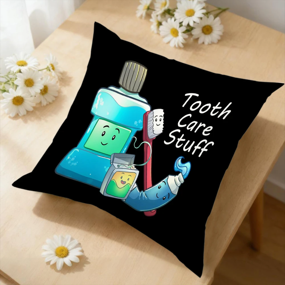 1pc Cartoon Tooth Care Stuff Cushion Cover Black Dental Hygiene Print Pillowcase For Home Sofa Decor Soft Square Throw Case