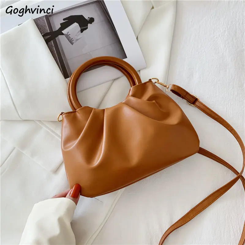 Soft Pleated PU Leather Top-handle Bags Women Elegant Fashion Crossbody All-match Wood Handle Texture Shoulder Handbags Female