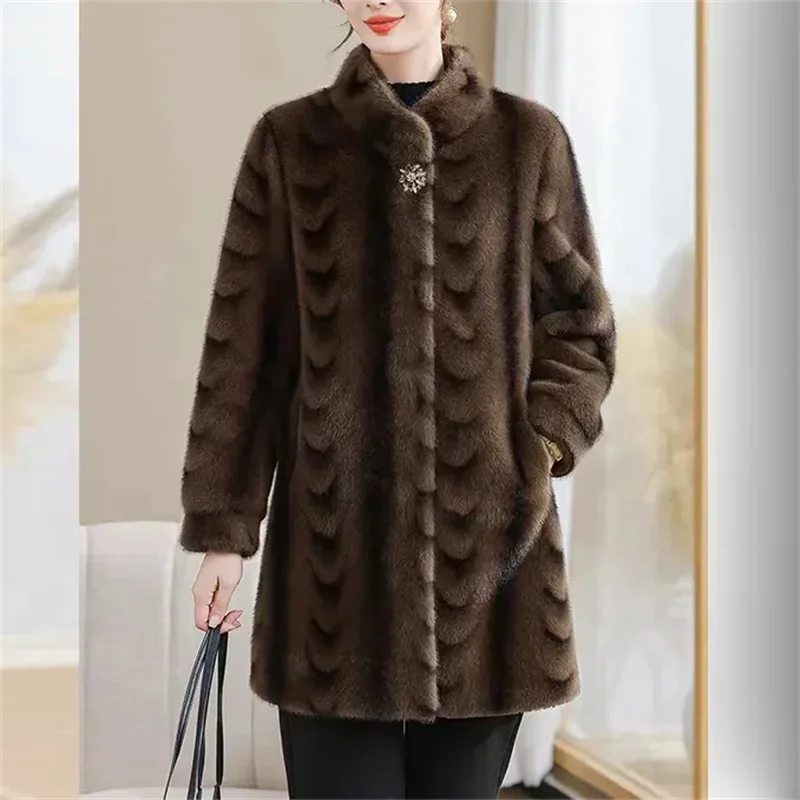 Winter Mid Long Mink Fur Coat New Middle-aged Women Clothing Thick Sheep Shearing Female Imitate Fur Coat Outerwear Overcoat