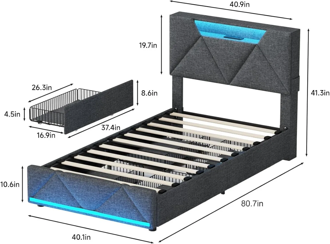 Tweepersoonsbedframe met hoofdeinde en 4 lades, gestoffeerd platform met laadstation en led-verlichting