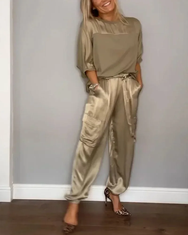

2024 Summer Oversize Women Suit Black O-neck Short Sleeve Tops Long Pants Loose Suits Female Elegant Casual Trendy Lady Clothes