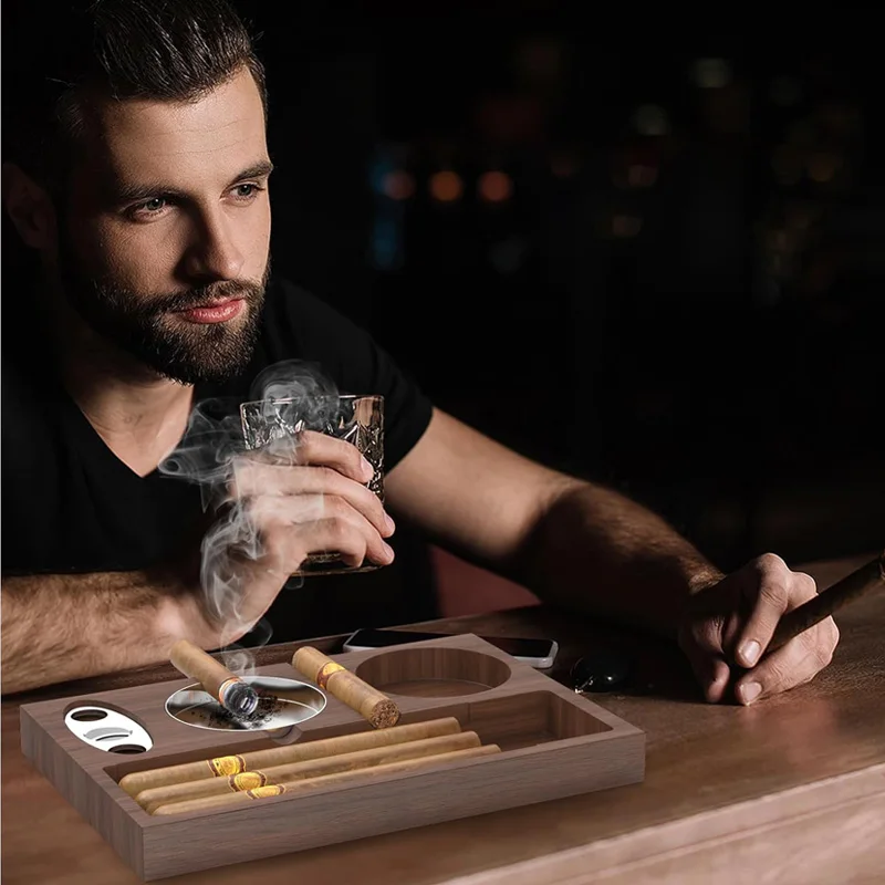 New Cigar Ashtray with Cigar Cutter Cigar Accessories Whiskey Glass Tray Detachable Outdoor 7 Slots Cigar Holder Gift for Men