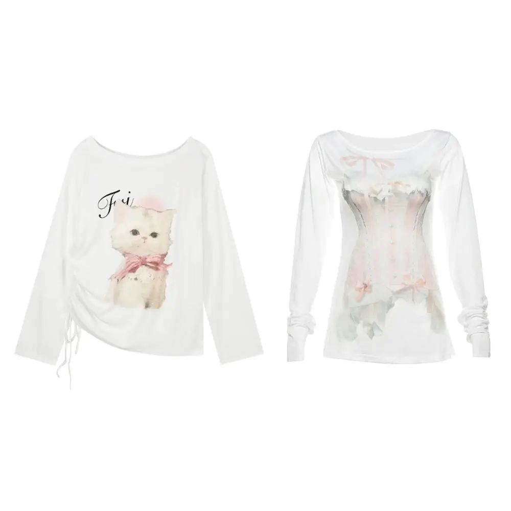 

Мягкая футболка с принтом кошки и асимметричным вырезом, тонкая, с длинным рукавом, с мультяшным животным принтом, с надписью, милая, для женщин и девушек