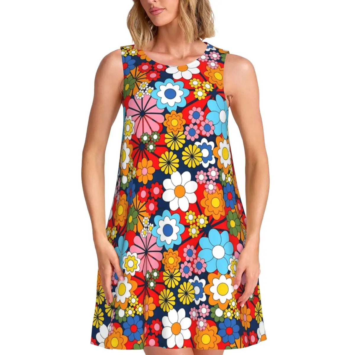 Bright Flower Power Casual Dress Retro Floral Print Basic Dresses Sleeveless Pretty Dress Hot Round Neck Ladies Print Vestido