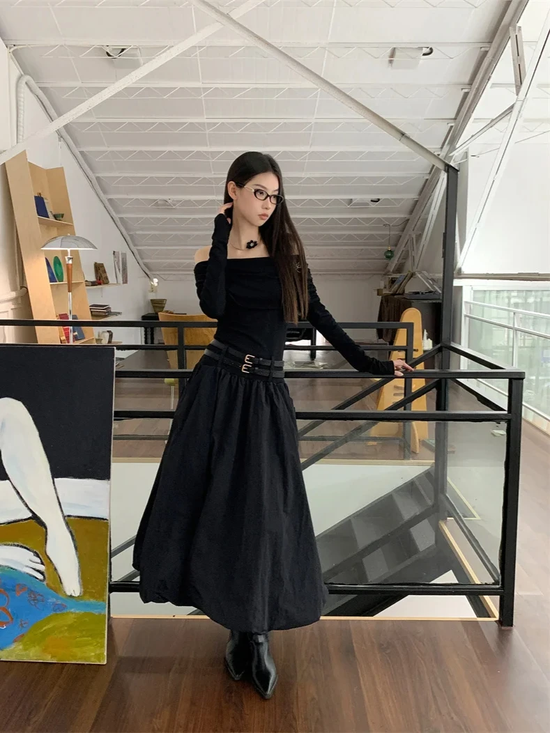 CHEERART Autumn Off The Shoulder Long Sleeve Midi Dress 2024 Women Black Tunics Bud Patchwork Long Luxury Dresses Clothing