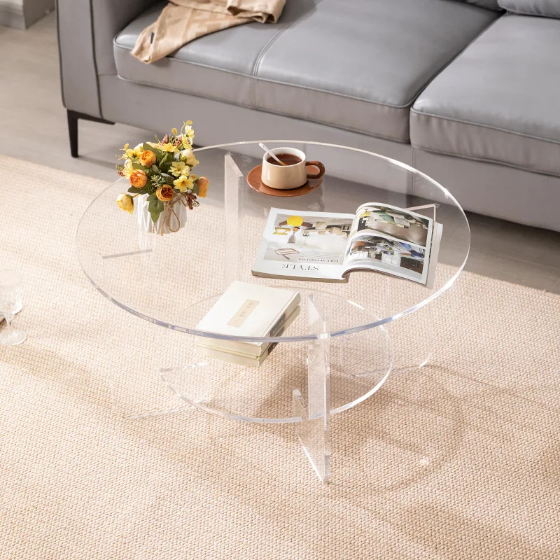 Mesa de centro de losa de roca para sala de estar, estilo crema minimalista de lujo, luz transparente acrílica italiana, pequeño apartamento