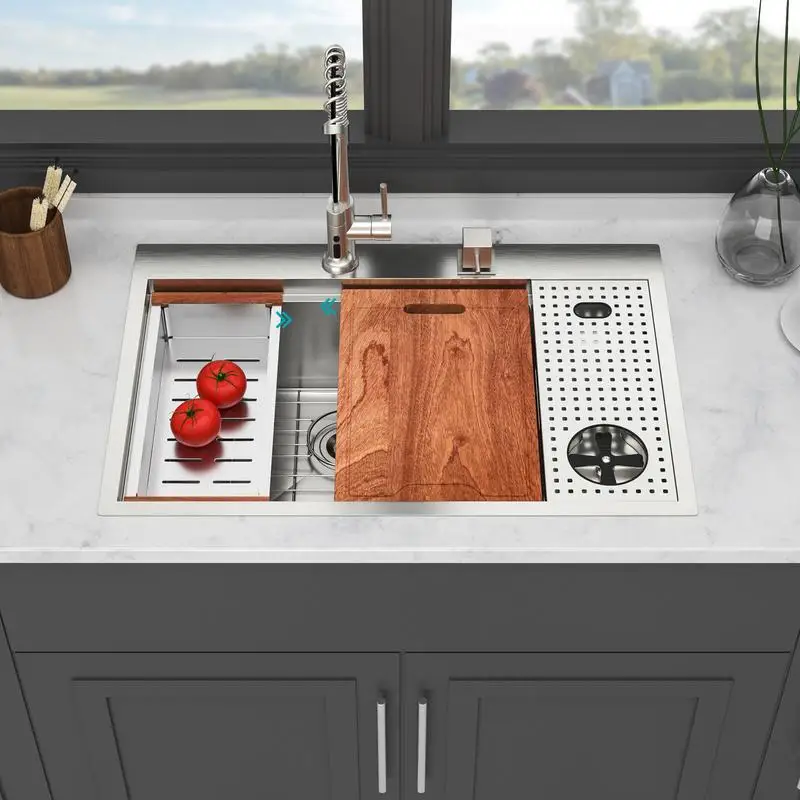 حوض مطبخ منسدل 33 بوصة مع غسالة أكواب - وعاء واحد مقاس 33 × 22 بوصة مقاس 16 حوض محطة عمل من الفولاذ المقاوم للصدأ