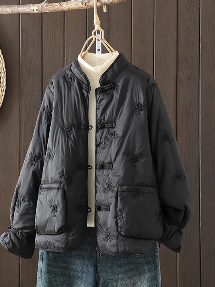 New Chinese Style Heavy Embroidery down Cotton Jacket Women's Winter Wind Coat Buttoned Mandarin Collar Improved Tang Costume