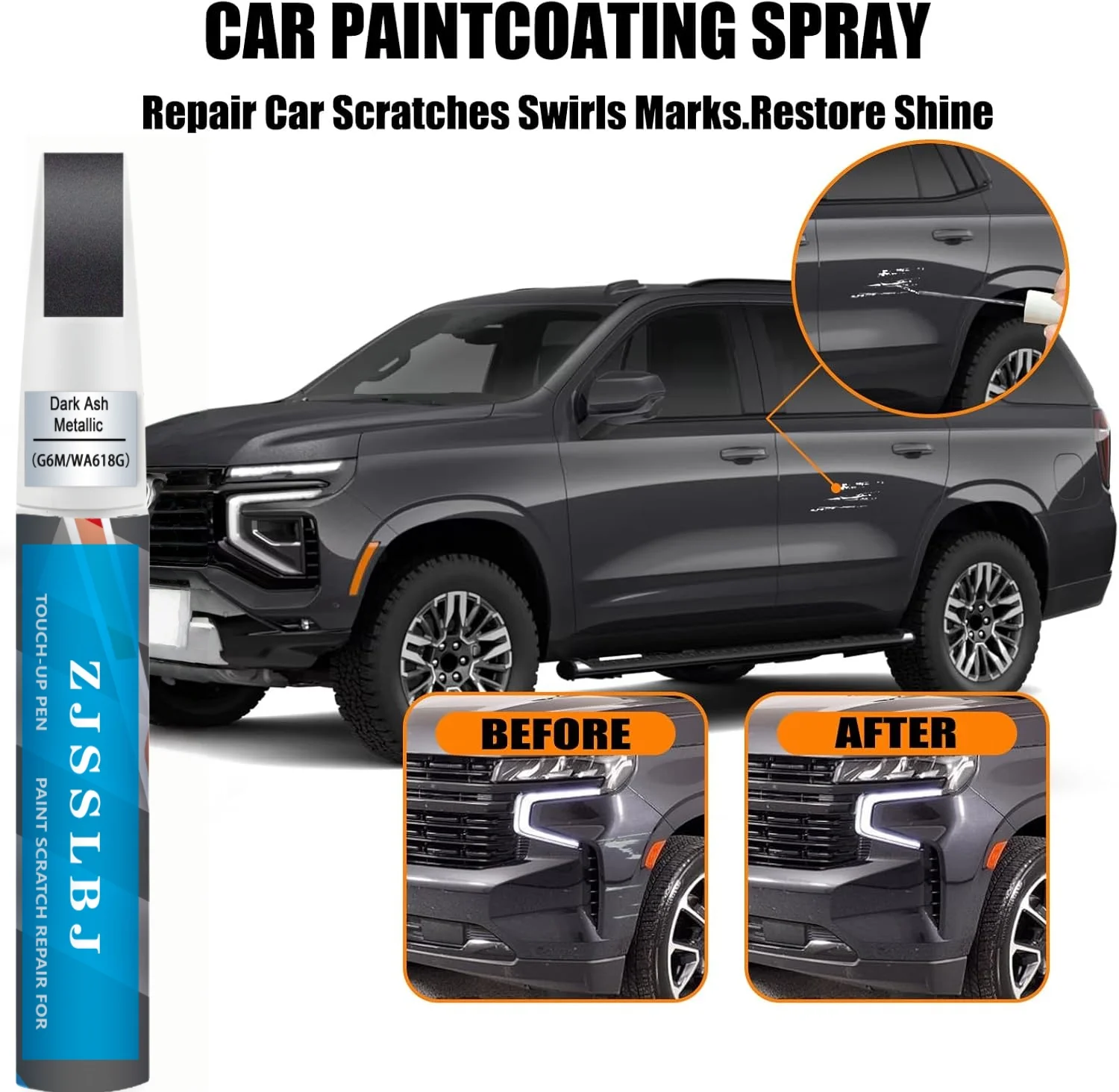 Car Touch Up Paint (Dark Ash Metallic(G6M/WA618G)) for Chevrolet, 2 in 1 Car Scratch Remover with Pen Tip and Brush