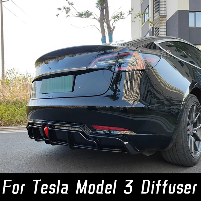 

For 2017-2023 Tesla Model 3 Rear Bumper With Led Lamp Diffuser Splitter Spoiler Bodykit Black Carbon Exterior Tuning Accessories