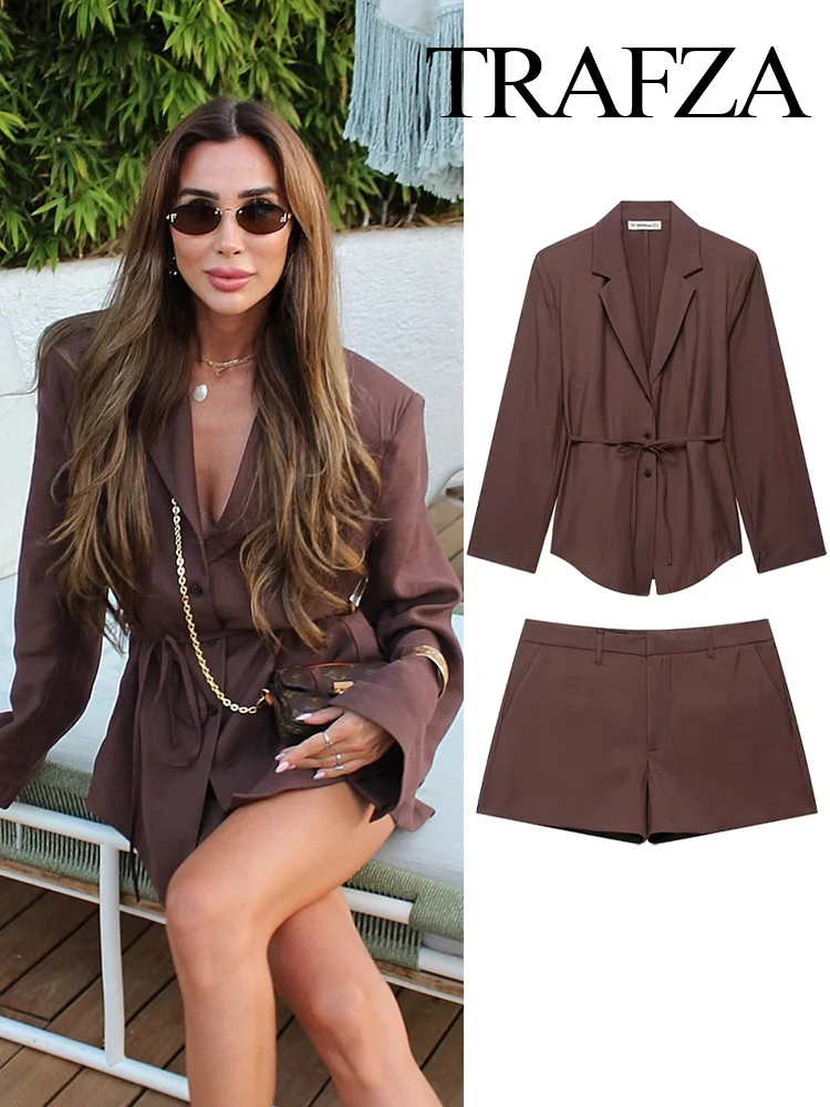 

TRAFZA Summer Women's Fashion Long Sleeve Fine Belt Decoration Single-breasted Top+Zipper Pockets Mini Solid Short Set Mujer