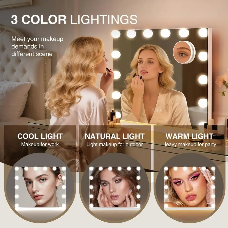 مرآة مكياج مع أضواء، مرآة زينة هوليوود مع 3 أوضاع ألوان، مرآة زينة مضيئة مع لمبات LED قابلة للتعتيم مكبرة 10X #3
