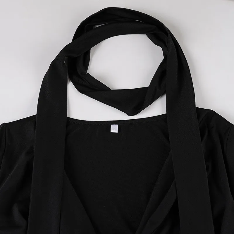 Mini robe moulante Sexy avec ruban écharpe pour femmes, col oscillant élégant, manches longues, dos nu, hanches pêche, moulante, fête, Clubwear