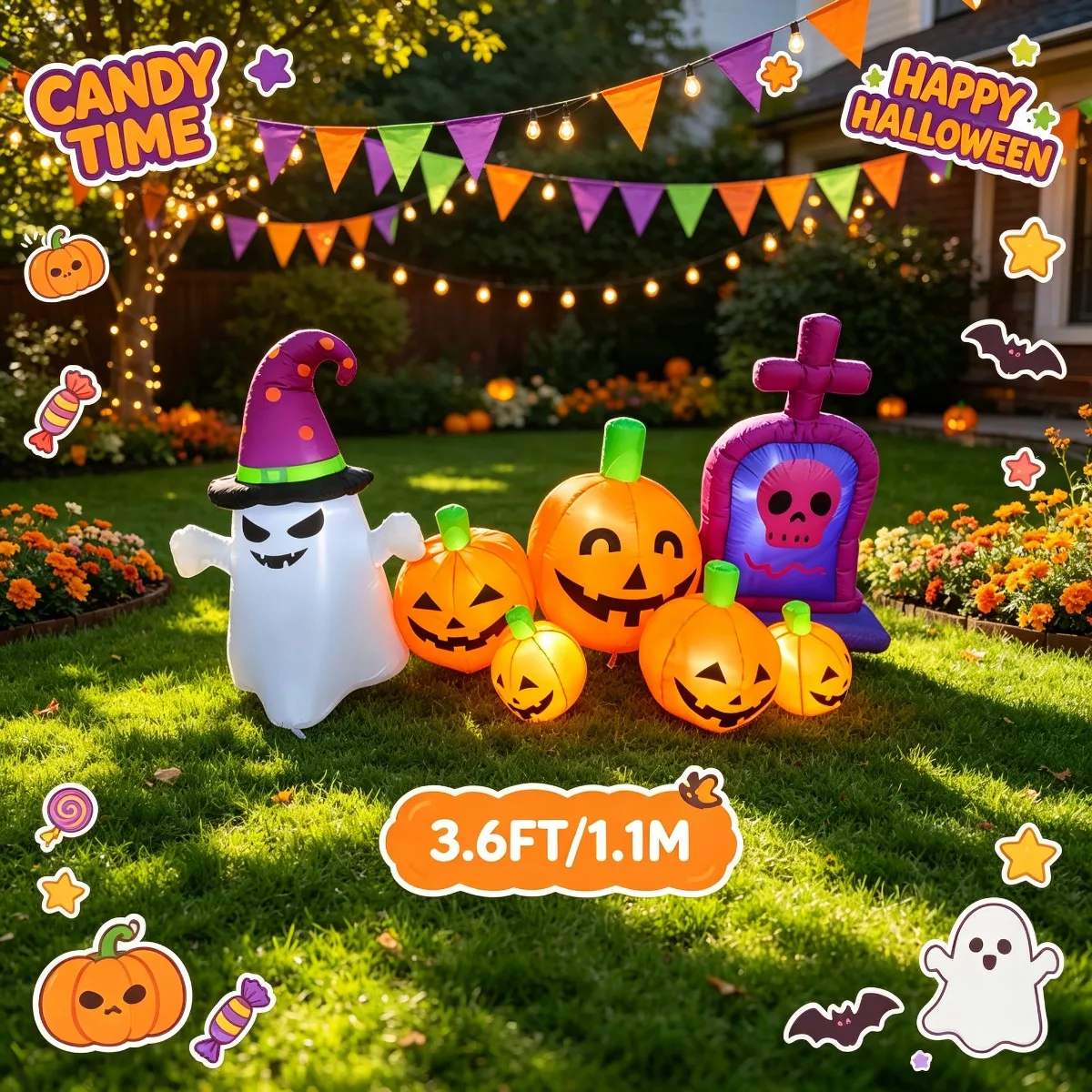 Halloween Glowing Inflatable Combo Witch Ghost Pumpkins Tomb Waterproof Lawn  Party Garden Holiday Inflatable Scene Decoration