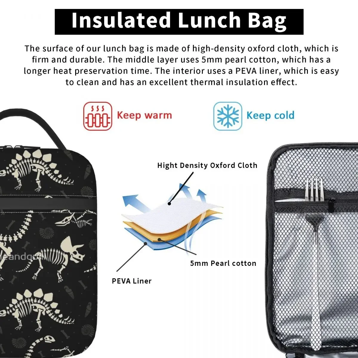 Dinosaur Fossils In Black Insulated Lunch Bag Trendy Durable Daily Customizable