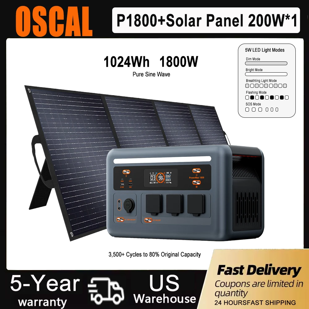 

Электростанция OSCAL Smart Control 1024Wh 1800 Вт Чистая синусоида PowerMax1800 Мобильная мощность с солнечной панелью 1 шт. 200 Вт для путешествий