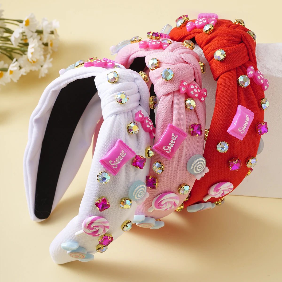 

Korea Fashion Pink Candy Bow Knot Hairband Sweet Girls Rhinestones Headband Elastic Hair Accessories Party Wedding Hair Hoop