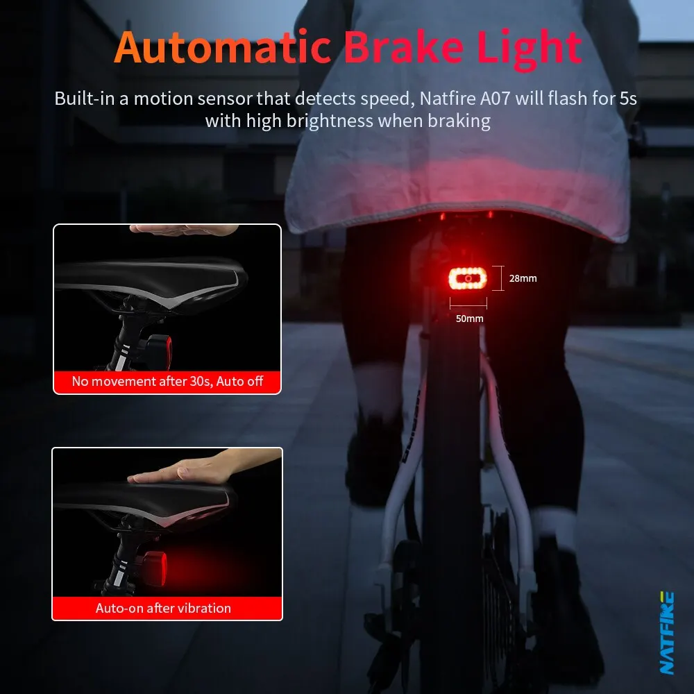 NATFIRE A07 Smart Bike Tail Light Brake Sensing Rear Lights Auto on off USB C Rechargeable Safety Warning Cycling Lights