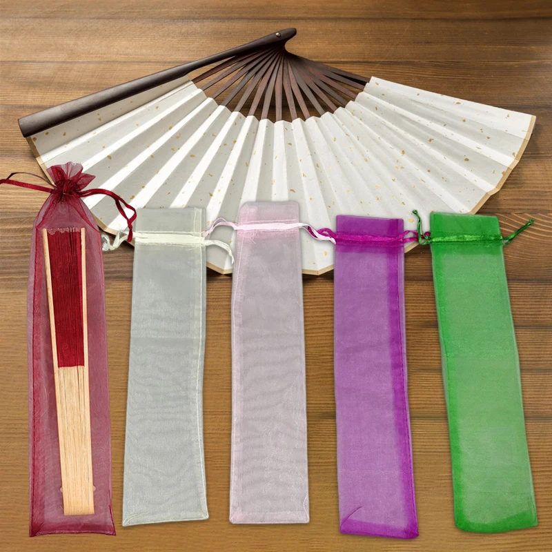 

50Pcs Folding Hand Fan Pouch Drawstring Organza Bags Folding Fan Tulle Pocket Candy Favor Gift Bags for Outdoor Wedding Party