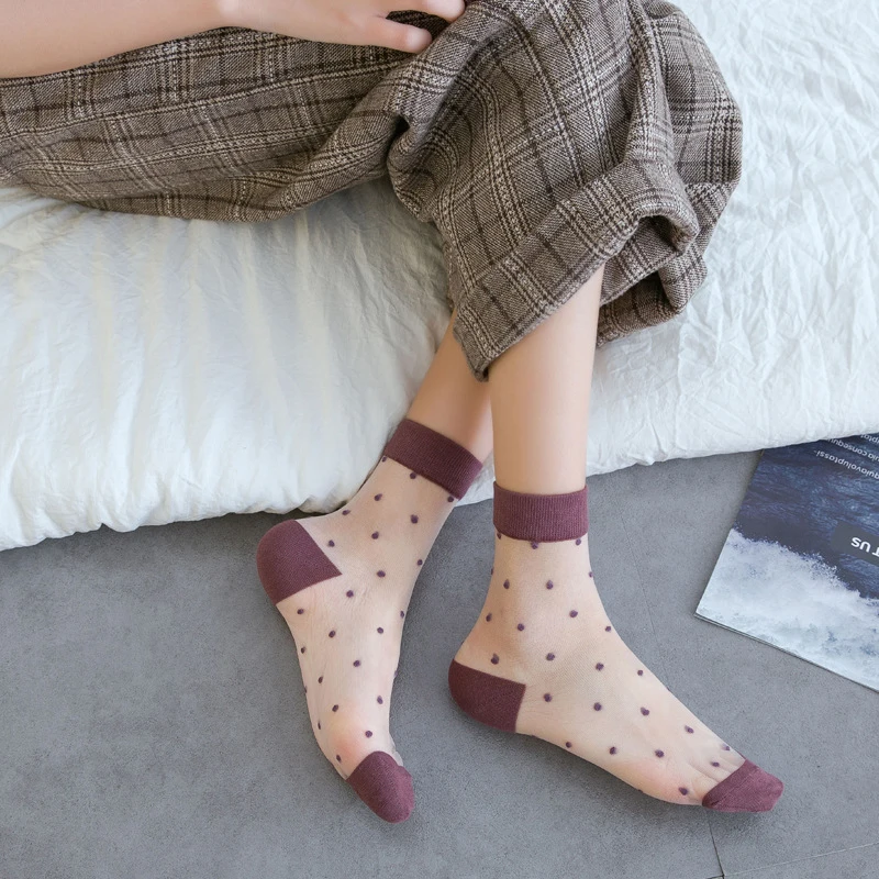 1 Pair Women Flower Sock Summer Lace Crystal Glass Silk Socks Short Thin Transparent Roses Jacquard Elastic Ultra Thin Socks