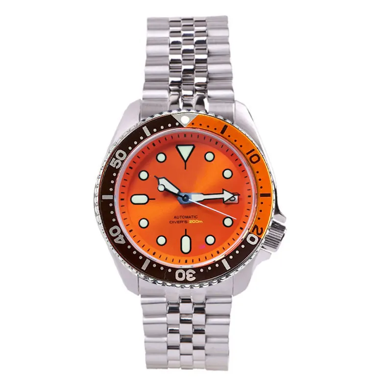 Tandorio 41 mm luxuriöse 200 m wasserdichte Automatikuhr für Herren NH35A 3,8 Krone Sunburst Orange Zifferblatt Taucheruhr Stahlarmband