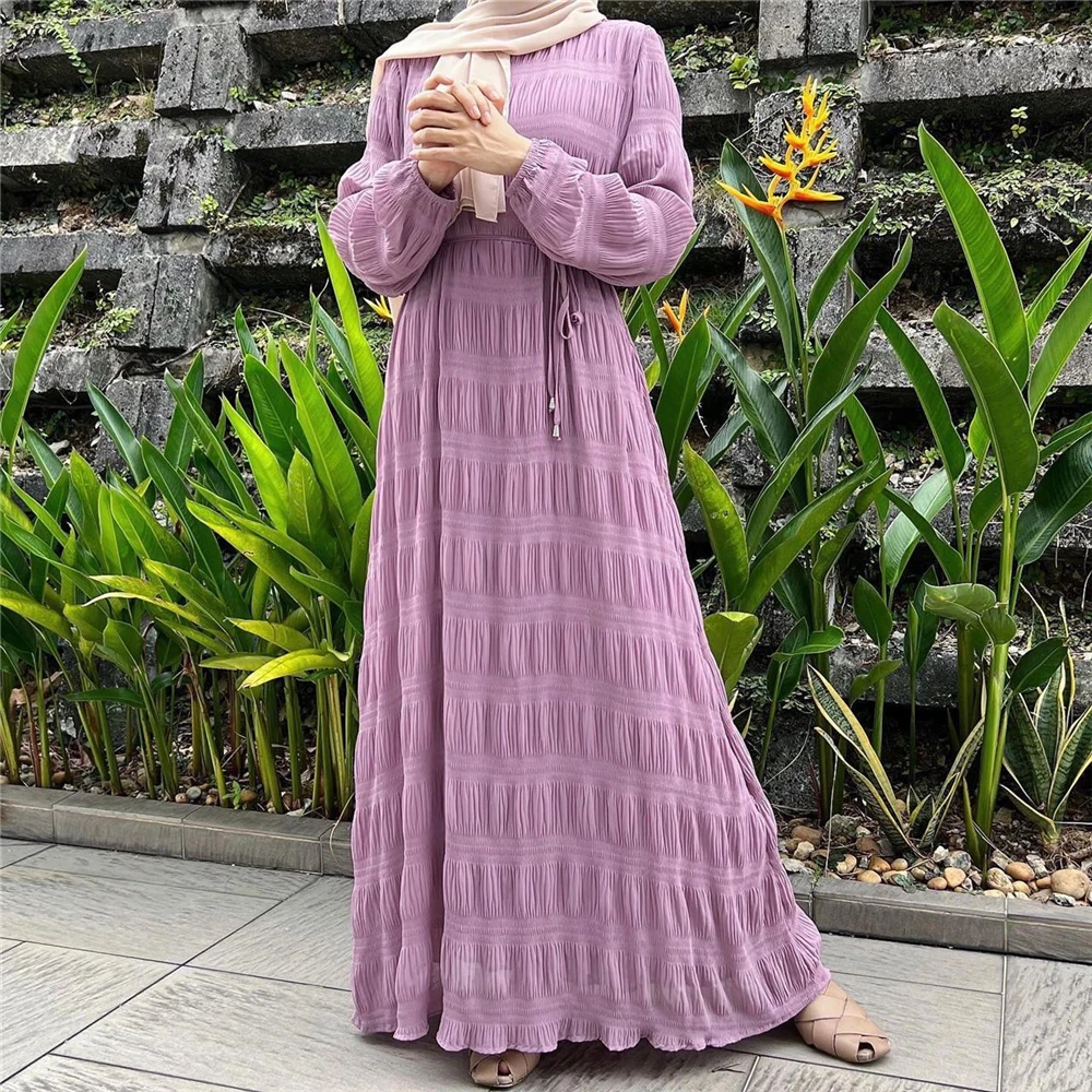 Elegant Women Muslim Pleated Chiffon Abaya Long Sleeve Maxi Dress Turkey Arab Kaftan Party Eid Jalabiya Caftan Vestidos Clothing