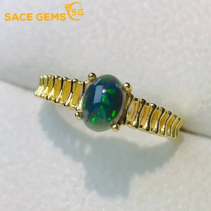 

SACE GEMS New Luxury 925 Sterling Silver 5*7MM Natural Opal Gemstone Rings for Women Engagement Cocktail Party Fine Jewelry