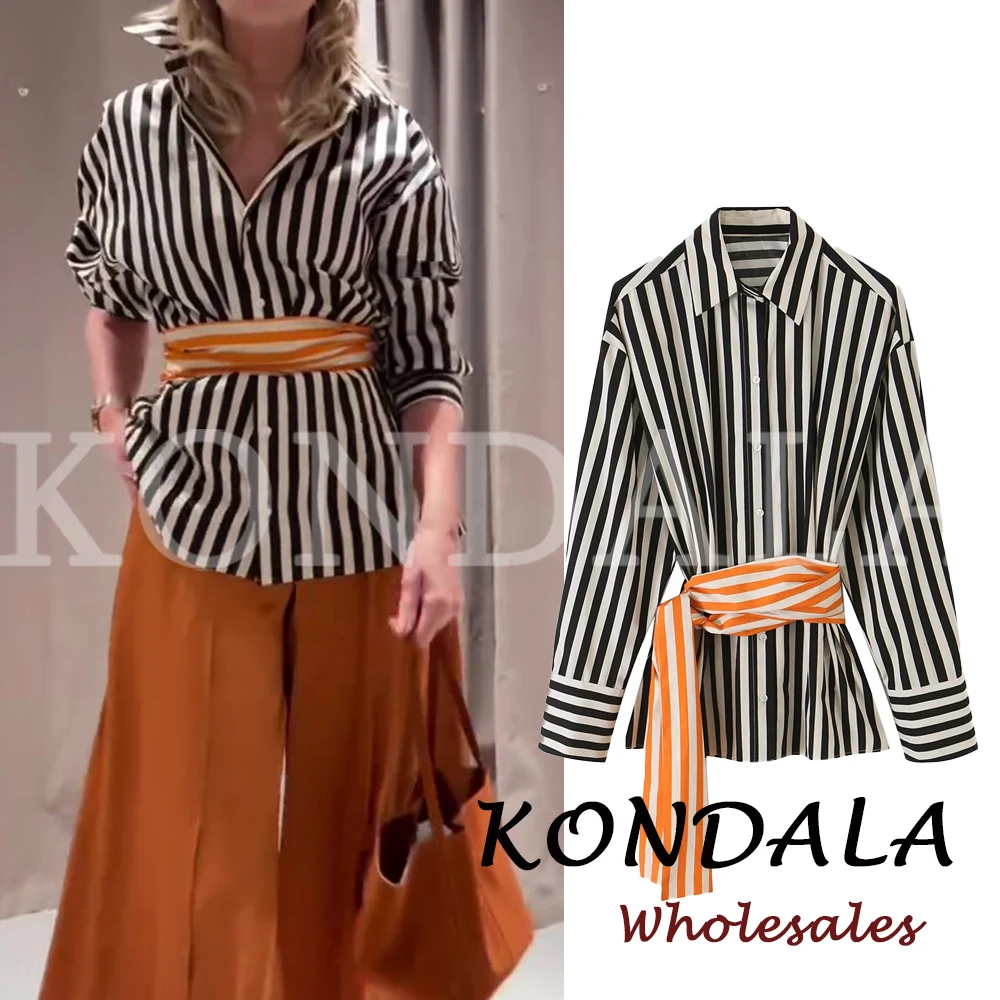 KONDALA Vintage Striped Elegant Office Lady Women Shirt Fashion 2026 Fall Orange Sashes Luxurious Shirt Chic Streetwear Blouses