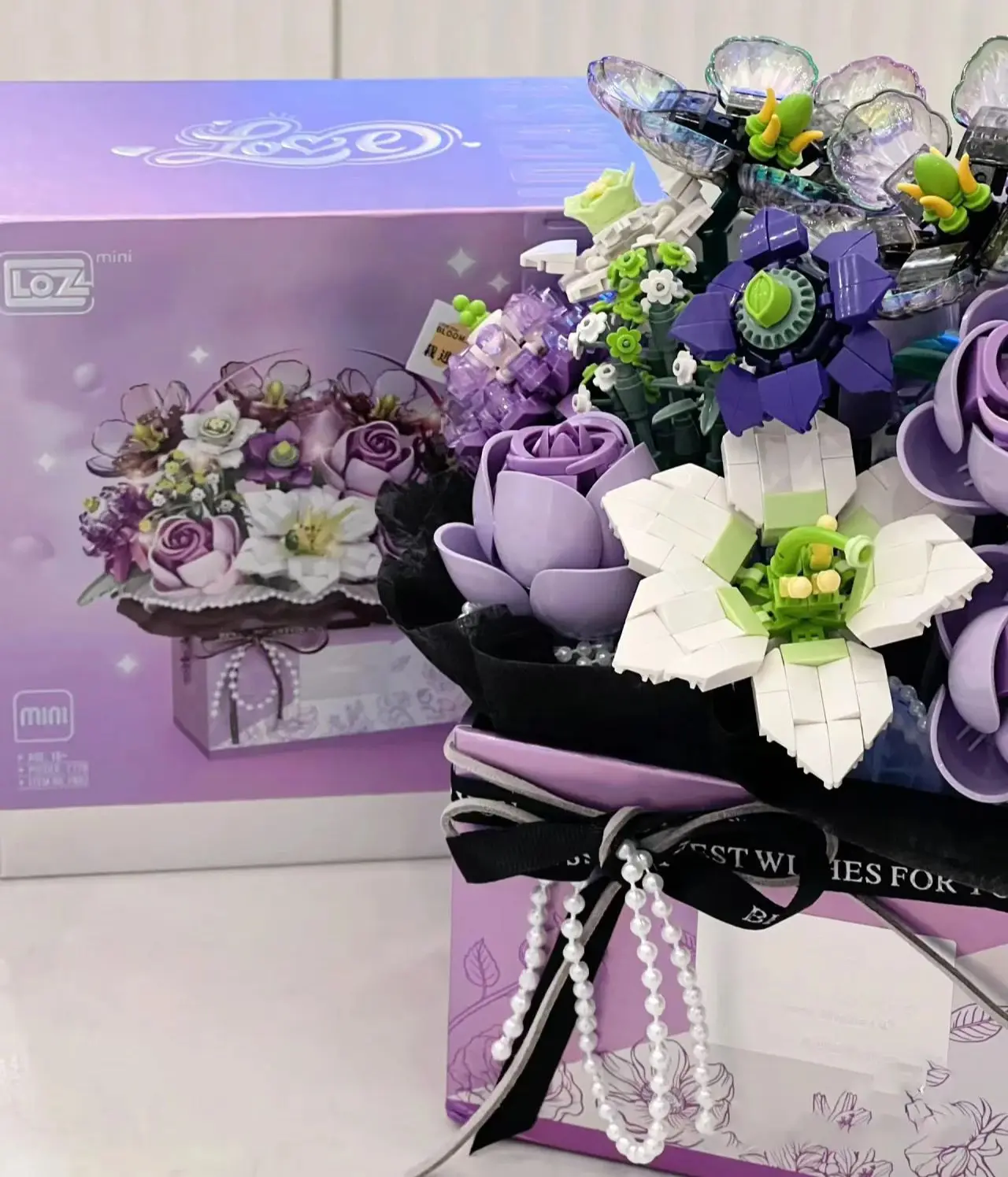 Pink rose purple rose basket bouquet building blocks DIY flower basket home decoration brick with light and cute gift toys