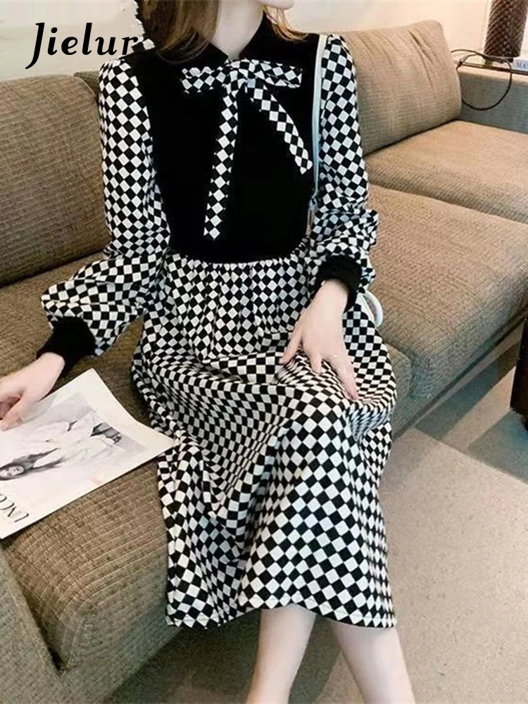 

Jielur Dress Women Autumn Chic Lattice Patchwork Simple Elegant Bow Long Sleeve Vintage Ladies Streetwear Female Clothing