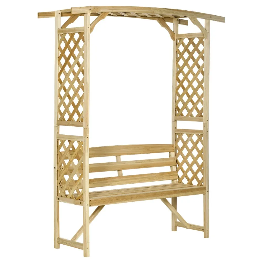 

Patio Garden Bench Arbor Arch with Pergola and 2 Trellises 3 Seat Natural Wooden Outdoor Bench for Grape Vines Climbing Plants