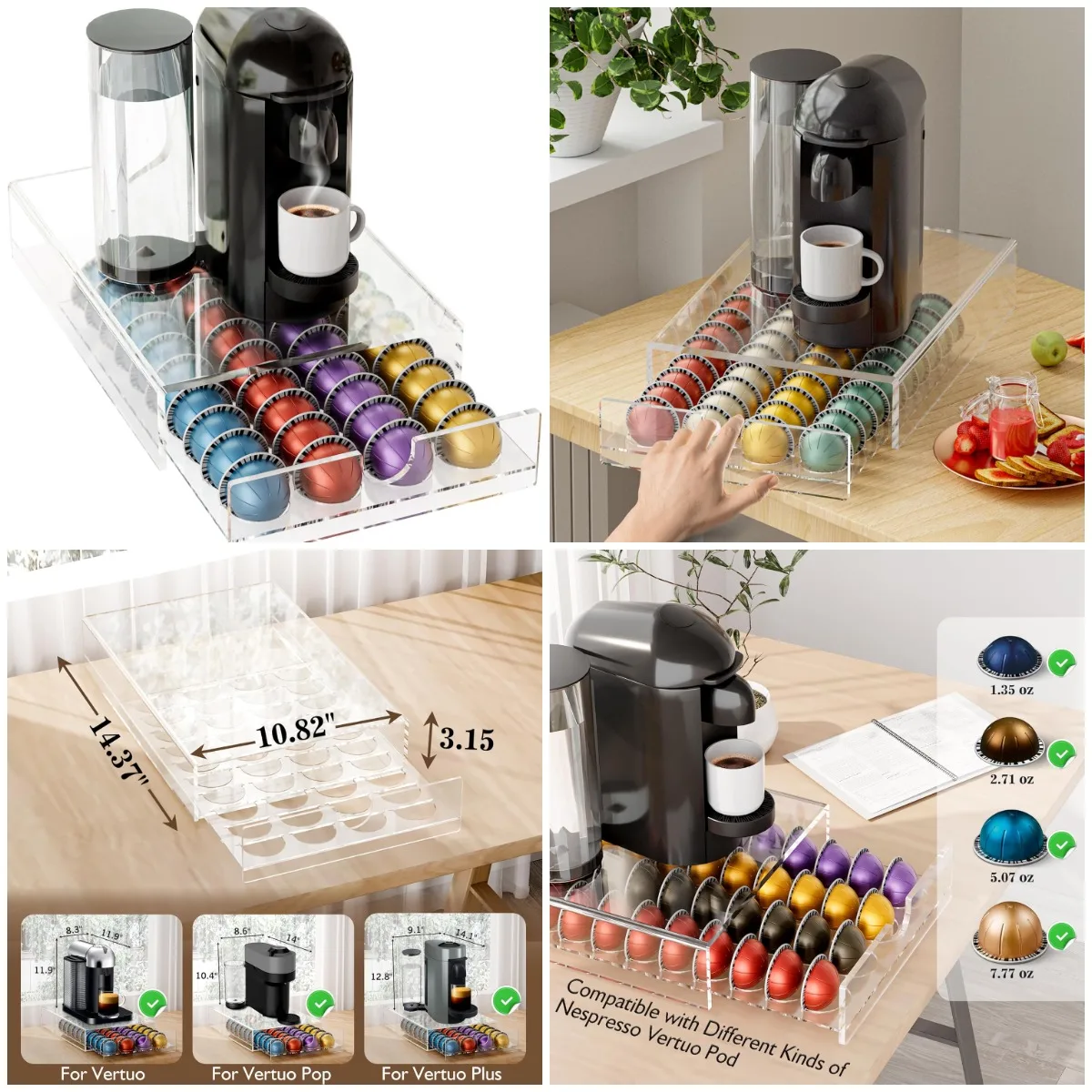 

Acrylic Coffee Pod Organizer for Nespresso Vertuo Pod Holder 40 Pods Clear Vertuo Pod Storage Drawer (1 Tier) (Clear)