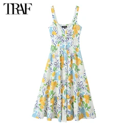 TRAF 2024 Print Midi Dresses for Women Pleated Slip Long Dress Woman Boho Backless Womens Dresses Straps Women's Summer Dress