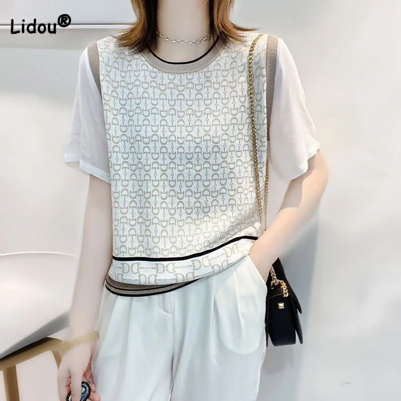 

Fashion Elegant O-Neck Jacquard Thin T-shirt for Female Summer New Casual All-match Short Sleeve Spliced Tops Women's Clothing