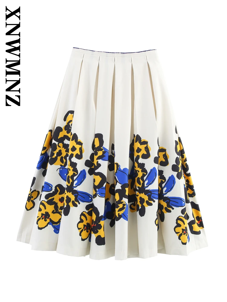 

XNWMNZ 2025 Summer New Woman Holiday boho Print midi A-lineskirt Fashion Chic Women Clothing Floral Skirt