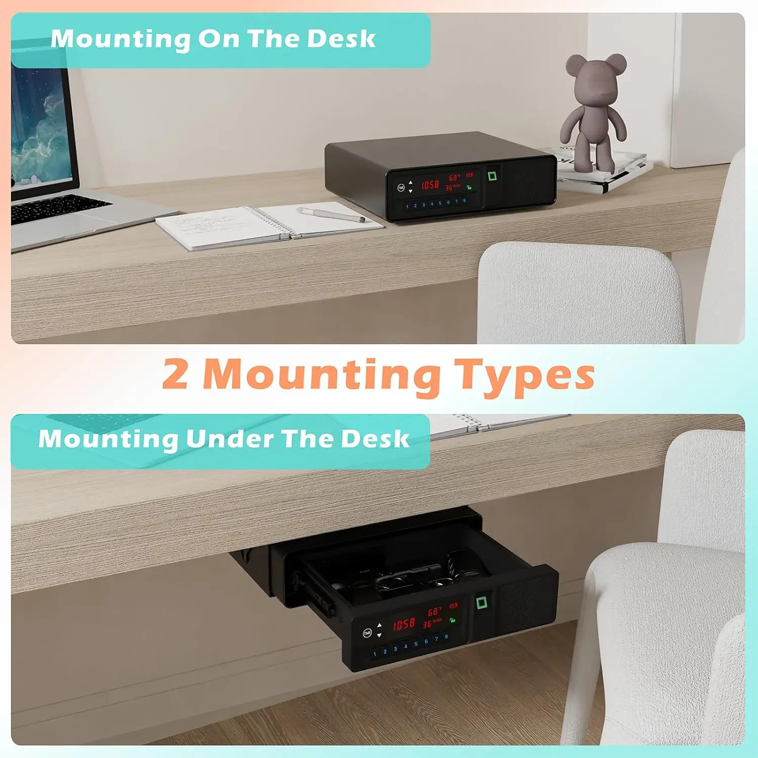 Slide-Away Pistol Handgun Quick Access Gun Drawer Safe with LCD Display of Temp,Humidity,Time,Low Battery Warning,Unlock State f