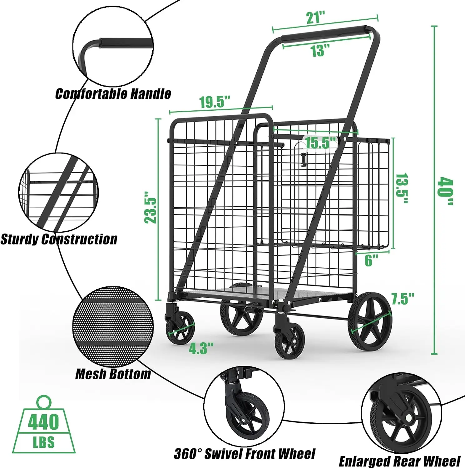 Heavy Duty Folding Shopping Cart With 360 Swivel Wheels Waterproof Grocery Utility Cart Jumbo Laundry Transport Trolley With Large Capacity Storage Bag Silver Black view 6
