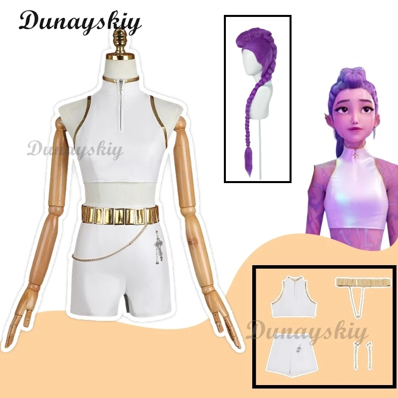 

Rumi KPop Demon Hunters Косплей Костюм Белая сценическая форма Huntrix Золотой наряд Серьги Пояс Хэллоуин Вечеринка Женский костюм для девочек