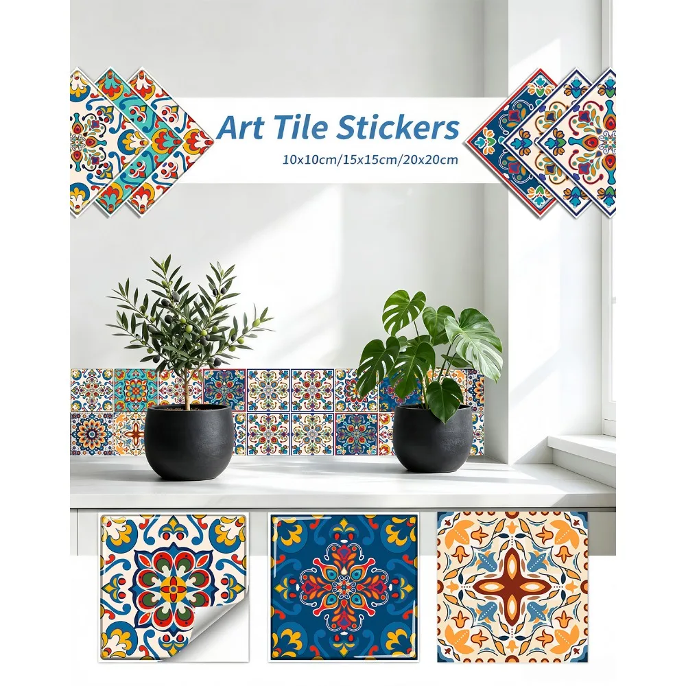 Spanish Azulejo Colorful Mediterranean Floral Self-Adhesive Tile Stickers Kitchen Cooktop Surface Cabinets Door Aesthetics Decor