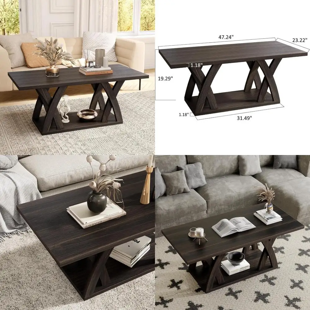 

Dark Brown Wooden Living Room Coffee Table with Shelf and Open Display Area, 47” for Farmhouse Style