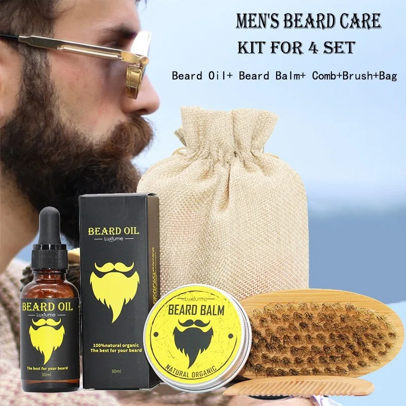 4 unids/set de cerdas de jabalí, Kit de cepillo para Barba de madera, bálsamo Natural para Barba, aceite de cera hidratante para hombres, crema de cuidado profesional para estilismo de barba