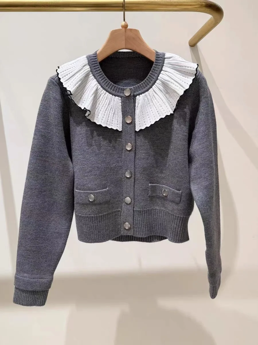 

High-End Version European Design Color Blo Collar Long Sve ey Knitted Open Cardigan Women's Top Outerwear Comfortable Fit