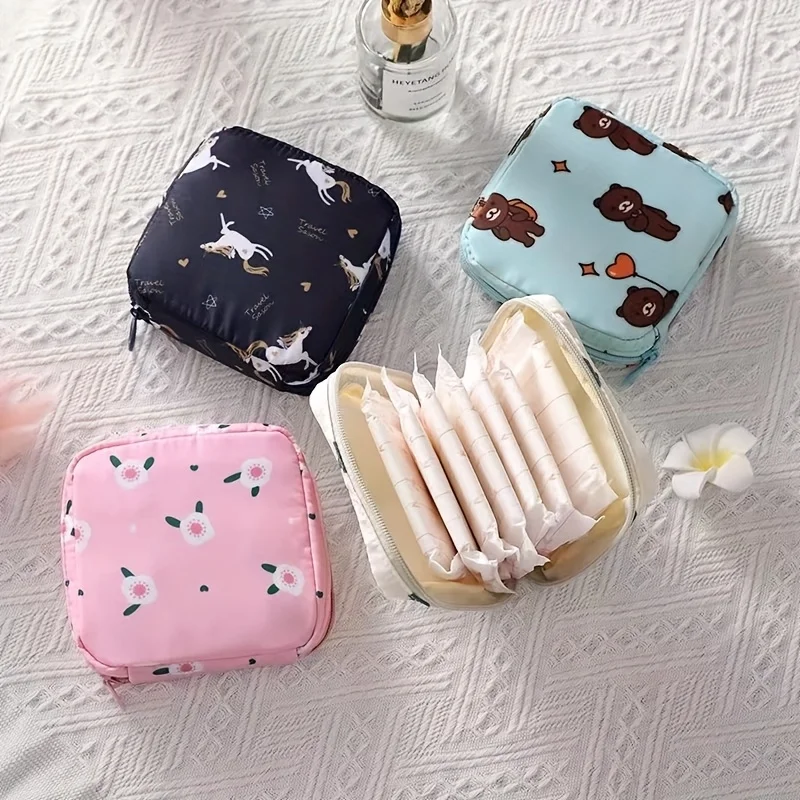 Aufbewahrungstasche für Damenbinden und Tampons, tragbarer wasserdichter Organizer mit Cartoon-Muster, diskrete Periodentasche Hygienebeutel Damen Menstruations-Organizer wasserdichte Kosmetiktasche Tampon-Etui komp – Detail 3