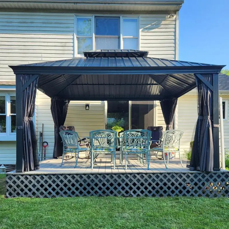

12' x 14' Hardtop Aluminum Outdoor Gazebo with Steel Double Roof, Drainage Gutters, Curtains, and Netting for Events and Dining